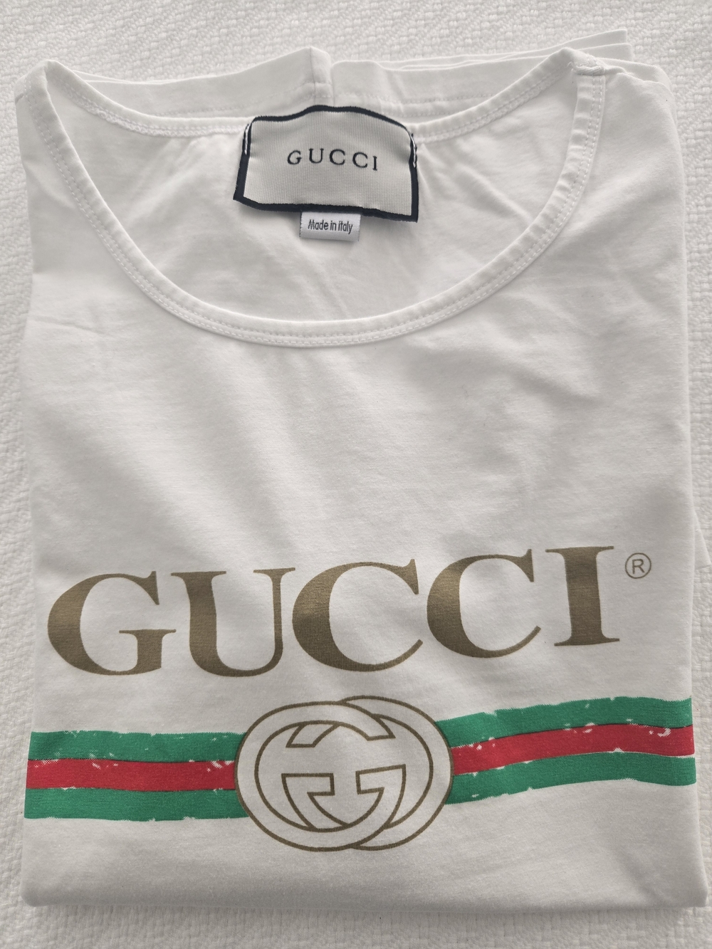 Gucci  White Logo Tee with Green & Red Stripe